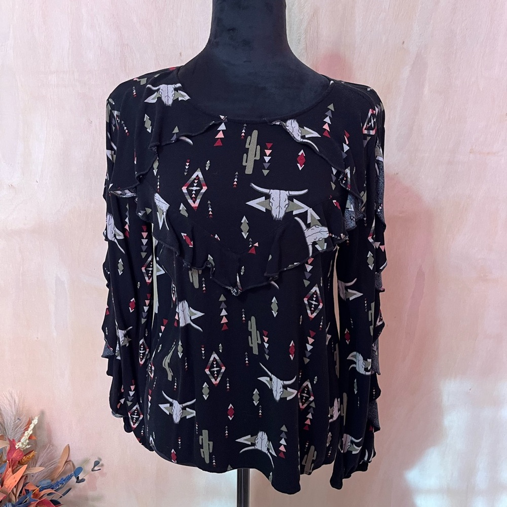 Ariat western print ruffle blouse-sz S.